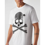 T-shirt blanc à manches courtes Philipp Plein pour homme t-shirt avec un motif graphique audacieux de crâne et d'os croisés texturé noir