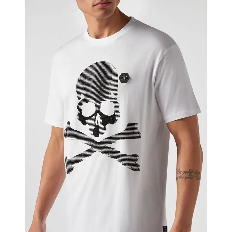 T-shirt blanc à manches courtes Philipp Plein pour homme t-shirt avec un motif graphique audacieux de crâne et d'os croisés texturé noir