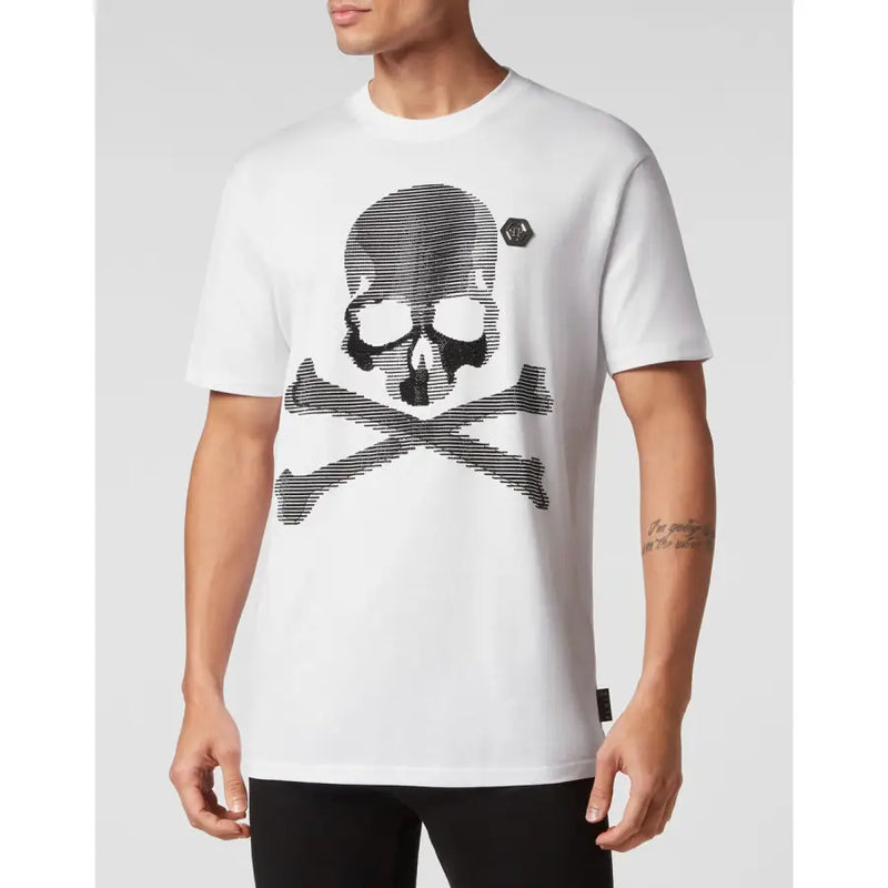 Chemises blanches à manches courtes Philipp Plein pour hommes t-shirt avec un motif graphique texturé à rayures noires représentant un crâne et des os croisés
