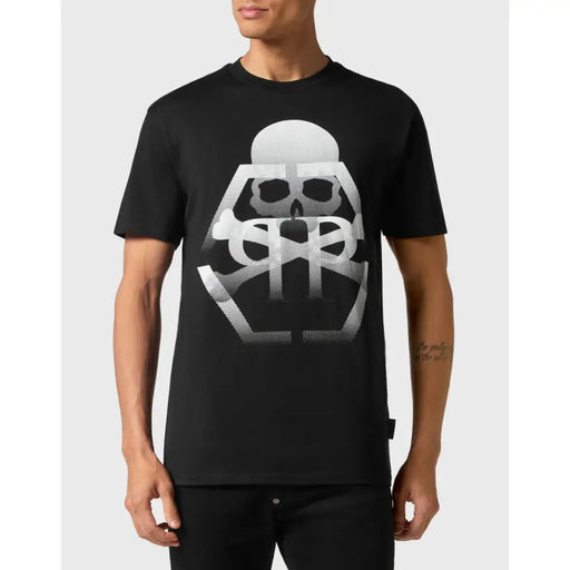 Chemises à manches courtes noires Philipp Plein pour hommes t-shirt avec un motif dégradé de crâne et d'os croisés blancs audacieux sur le devant