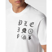 White cotton Philipp Plein men t shirt with bold black gothic pils graphic and skull and lightning bolt symbols
