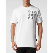 White short-sleeved cotton t-shirt by Philipp Plein with black gothic lettering and graphic symbols on the chest
