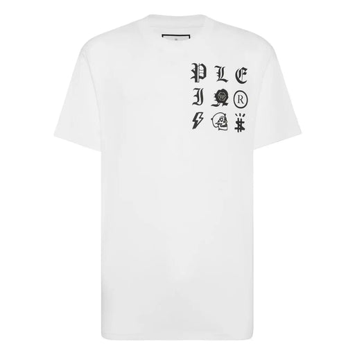White short-sleeved Philipp Plein men t-shirt featuring a black graphic print with plc letters and symbols including skull and bolt