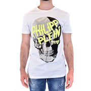 Homme Philipp Plein Blanc t-shirt orné d'un motif de crâne audacieux avec des paillettes noires et argentées et des lettres jaune fluo