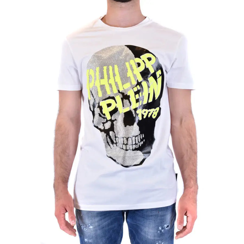 Homme Philipp Plein Blanc t-shirt orné d'un motif de crâne audacieux avec des paillettes noires et argentées et des lettres jaune fluo