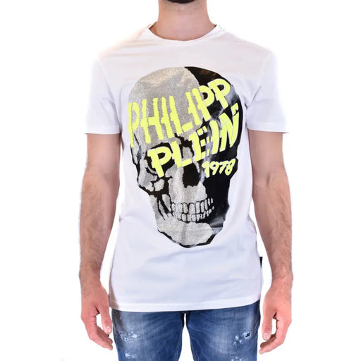Homme Philipp Plein Blanc t-shirt orné d'un motif de crâne audacieux avec des paillettes noires et argentées et des lettres jaune fluo