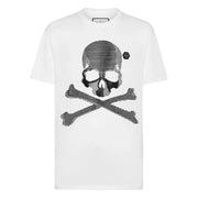Chemises blanches à manches courtes Philipp Plein pour hommes t-shirt avec un design graphique texturé de crâne et d'os croisés noirs audacieux