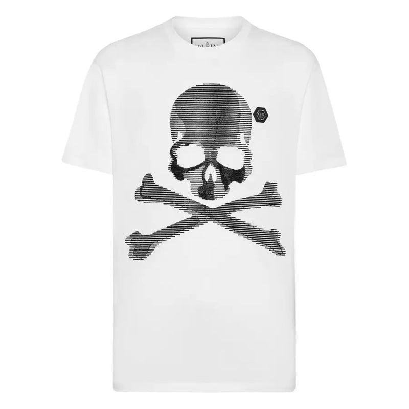 Chemises blanches à manches courtes Philipp Plein pour hommes t-shirt avec un design graphique texturé de crâne et d'os croisés noirs audacieux