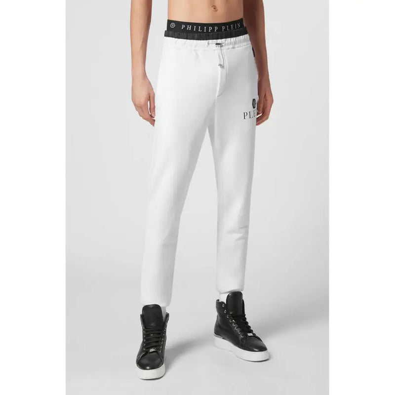 Pantalon de jogging blanc Philipp Plein pour homme, avec ceinture élastique noire et logo brodé, en tissu confortable.