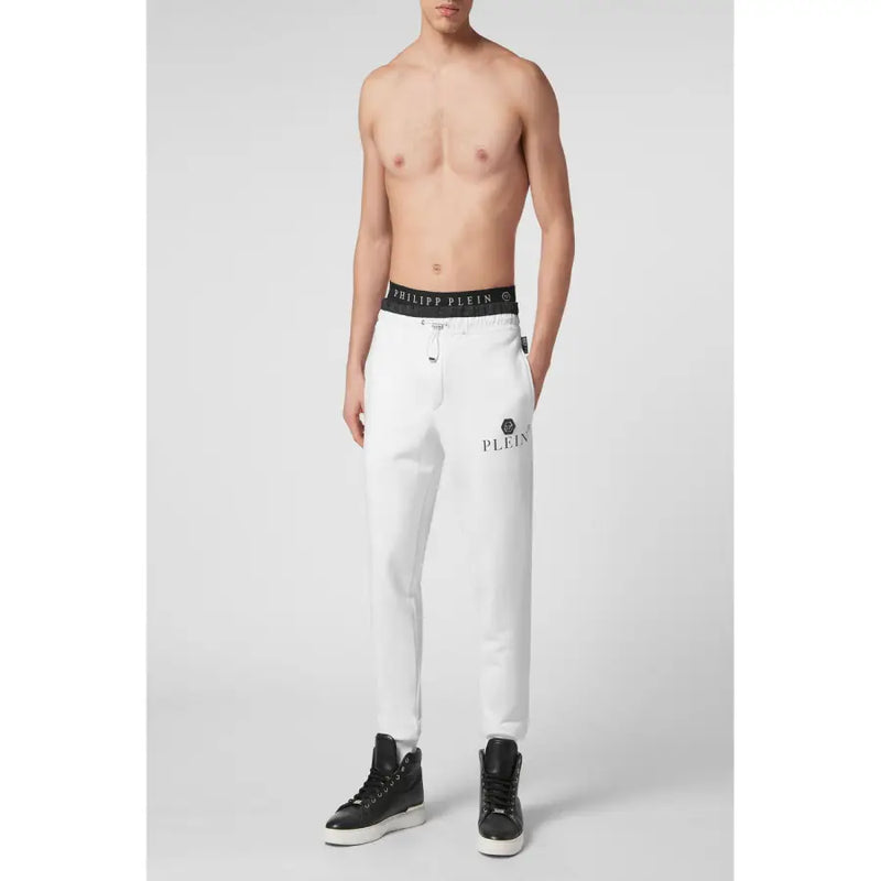 Pantalon de jogging blanc Philipp Plein pour homme, avec ceinture noire et logo brodé sur la jambe.
