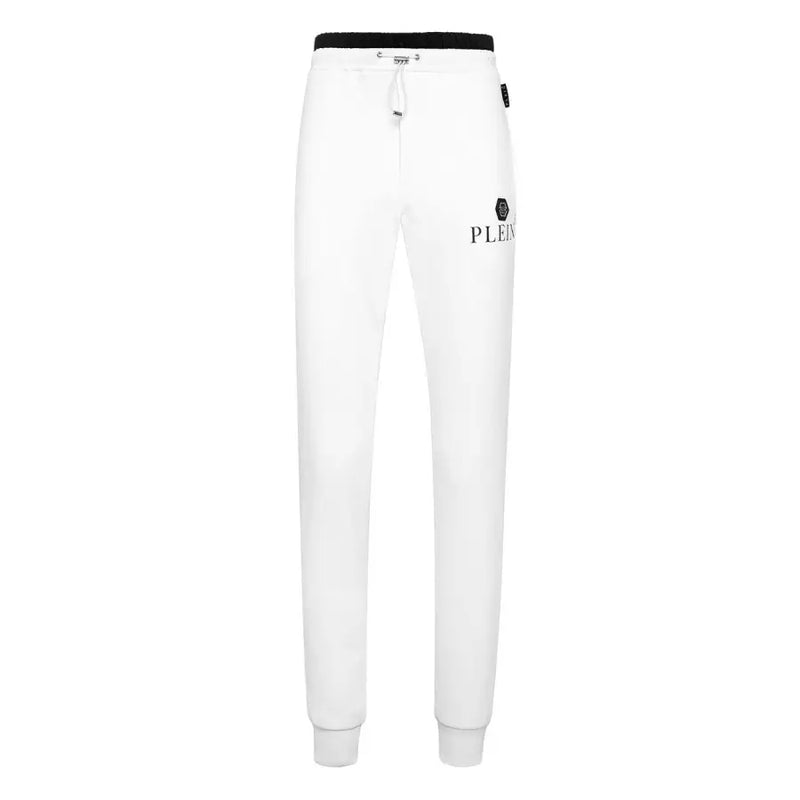 Pantalon de jogging blanc Philipp Plein avec ceinture élastique noire et logo sur la cuisse, conçu pour les hommes et les tenues décontractées
