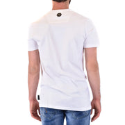 White Philipp Plein men t-shirt with a black hexagonal logo at the neckline and small black tag on the lower back
