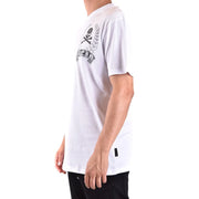 T-shirt Philipp Plein pour homme, en coton blanc, col rond, orné d'un motif de crâne et d'os croisés noirs et d'une couronne de laurier sur le devant.