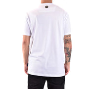 T-shirt Philipp Plein pour homme, blanc, en coton, manches courtes, logo hexagonal noir à l'encolure et petite étiquette sur le côté.