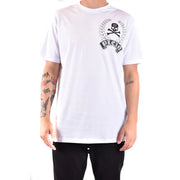 T-shirt Philipp Plein pour homme, en coton blanc, col rond, motif tête de mort et couronne de laurier.