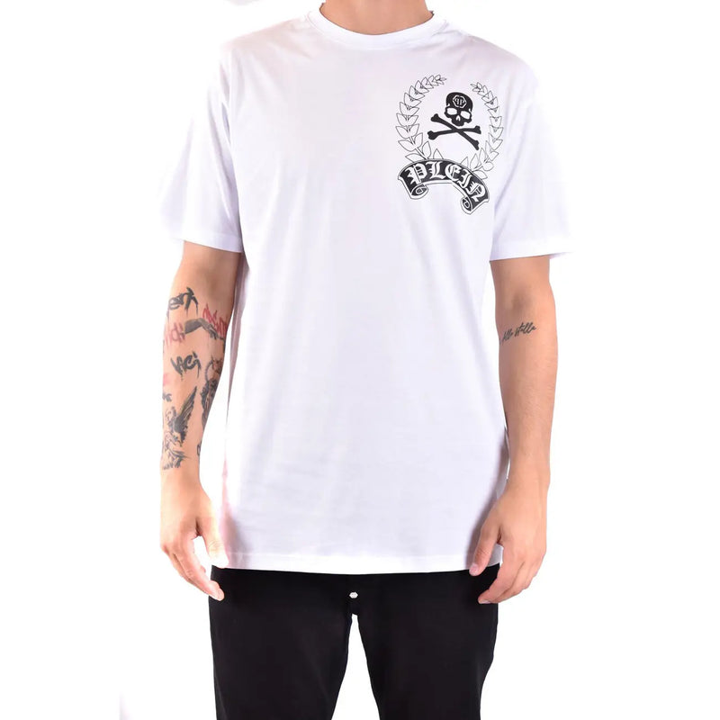 T-shirt Philipp Plein pour homme, en coton blanc, col rond, motif tête de mort et couronne de laurier.