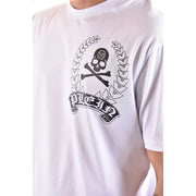 T-shirt Philipp Plein pour homme, blanc, en coton, col rond, orné d'un motif de crâne noir et d'une couronne de laurier sur le devant.
