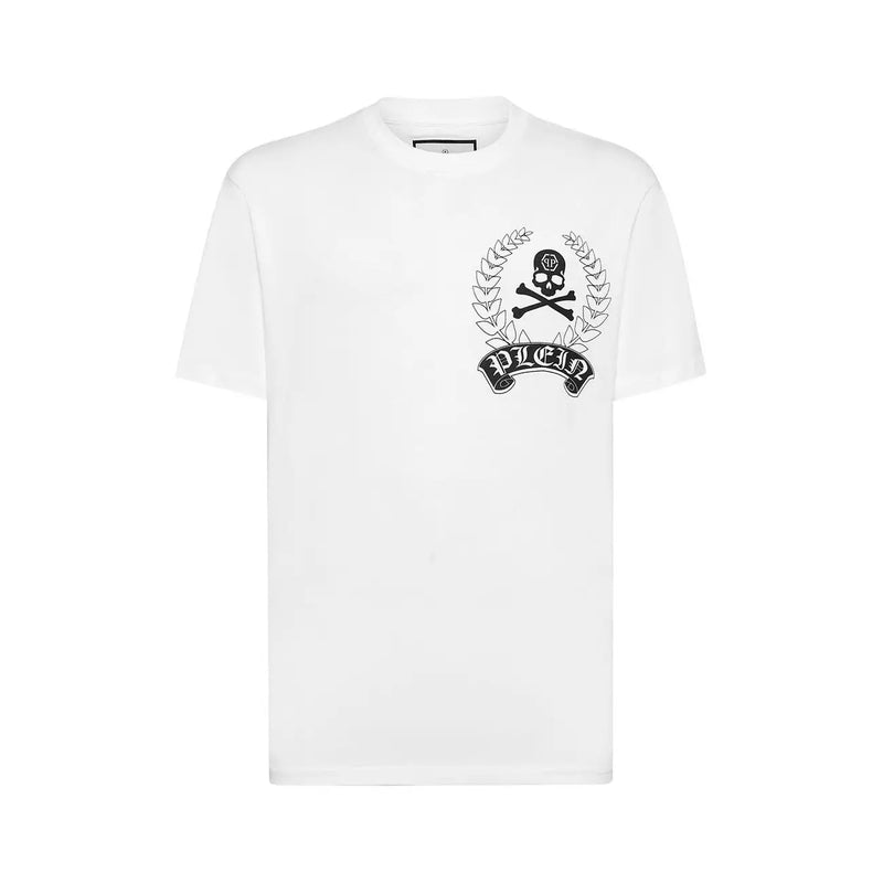T-shirt Philipp Plein pour homme, en coton blanc, col rond, orné d'un emblème brodé noir représentant une tête de mort et des os croisés dans une couronne de laurier.