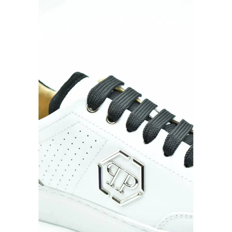 Baskets Philipp Plein en cuir blanc pour femmes, avec lacets noirs et logo hexagonal argenté