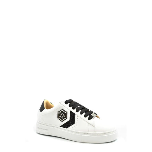 Baskets Philipp Plein pour femme, en cuir blanc à lacets noirs, avec une bande noire pailletée et le logo sur le côté.