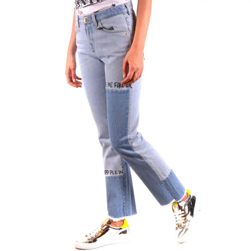 Women’s light blue two-tone denim jeans with frayed hem and straight-leg fit for Philipp Plein Women collection