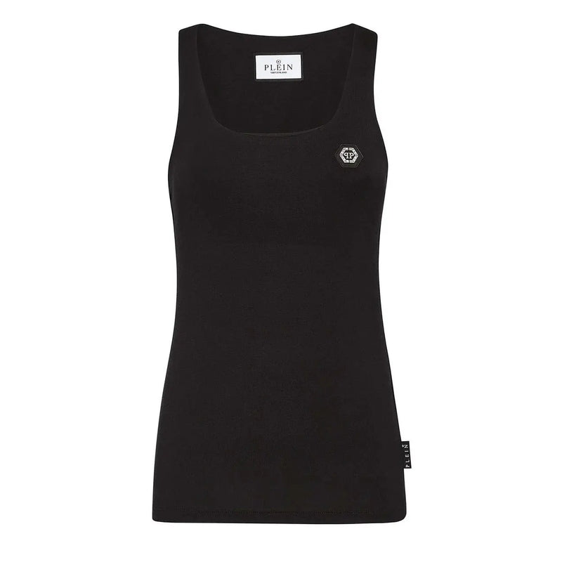 Débardeur femme Black Philipp Plein top En coton, coupe sans manches à encolure carrée et logo brodé sur la poitrine.