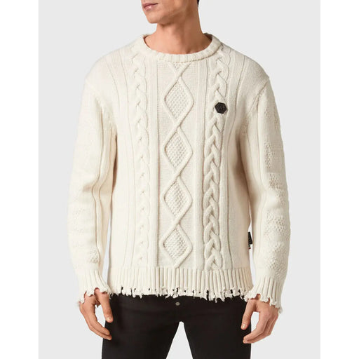 Pull en laine Philipp Plein pour femme, couleur crème, à torsades, ourlet et poignets effilochés, vue de face