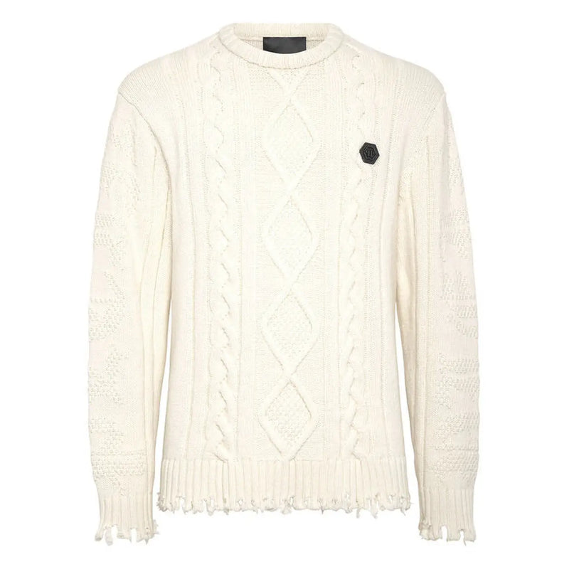 Pull Philipp Plein pour homme en laine couleur crème, à maille torsadée, ourlet et poignets effilochés, vue de face