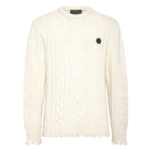 Pull Philipp Plein pour homme en laine couleur crème, à maille torsadée, ourlet et poignets effilochés, vue de face