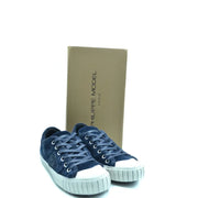 bas en daim bleu marinetop Baskets Philippe Model Paris pour femmes avec bout en caoutchouc blanc et œillets argentés