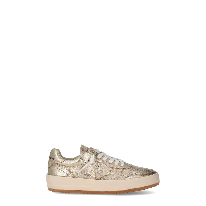 Philippe Plein women leather gold sneakers metallic low-top with textured upper white laces and logo on side