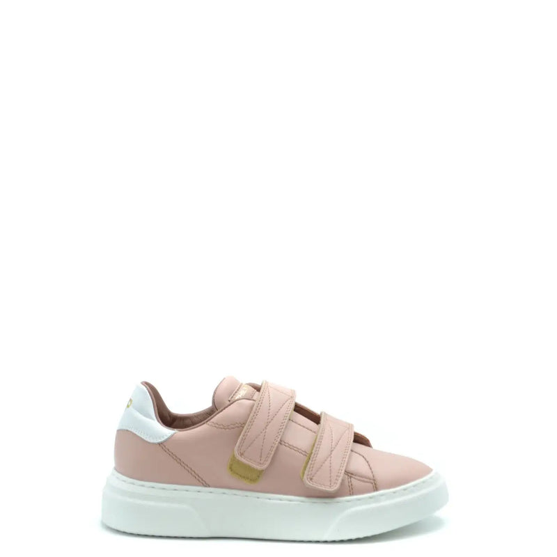 Baskets Philippe Model pour femme en cuir rose avec semelle en caoutchouc blanc et brides velcro dorées