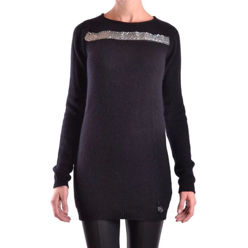 Pierre Balmain women black angora blend knit sweater dress with silver sequin band across the chest
