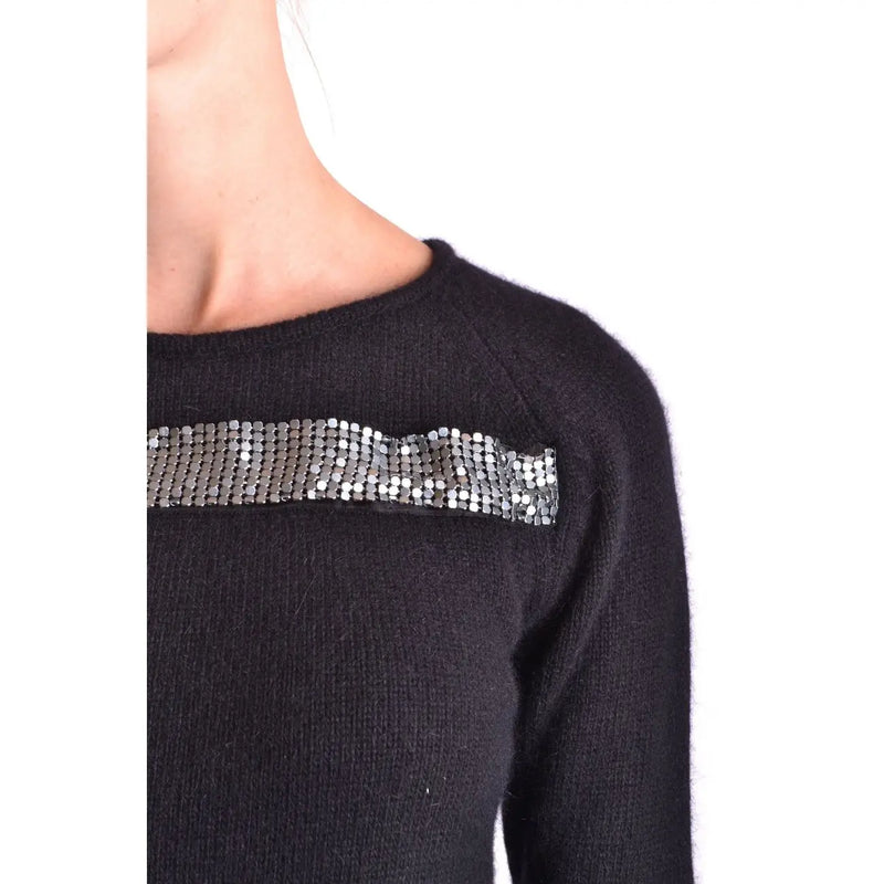 Pierre Balmain women black angora blend knit sweater with a horizontal band of silver sequins across the shoulder