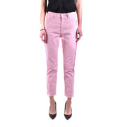Women’s light pink cropped trousers with dark pink side stripes and black high heels