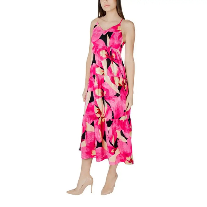 Elegant Pink Floral Tiered Maxi Dress showcased for stylish summer occasions