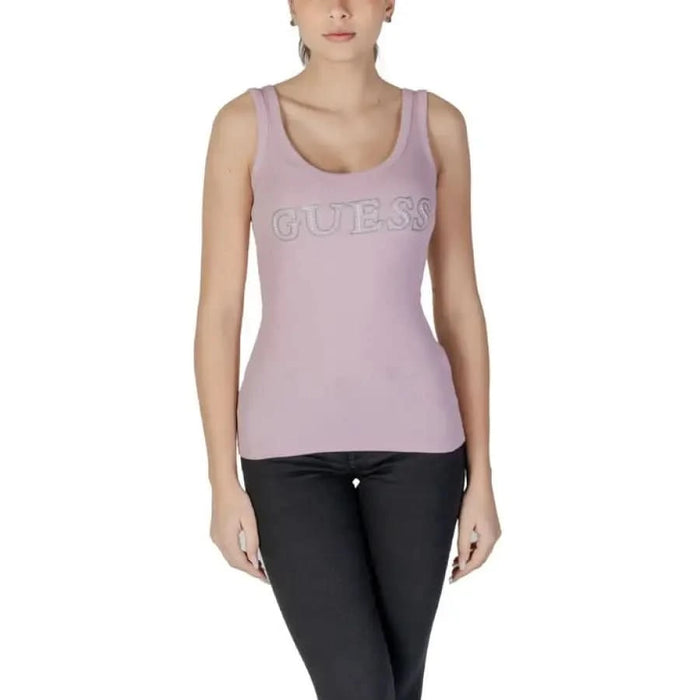 Pink Guess tank top with embroidered logo showcased in Guess Women’s Cotton Top