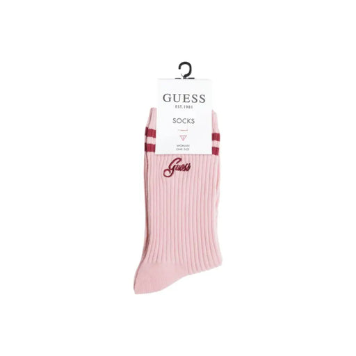 Pink Guess ribbed socks with maroon and red stripes displayed in a product image