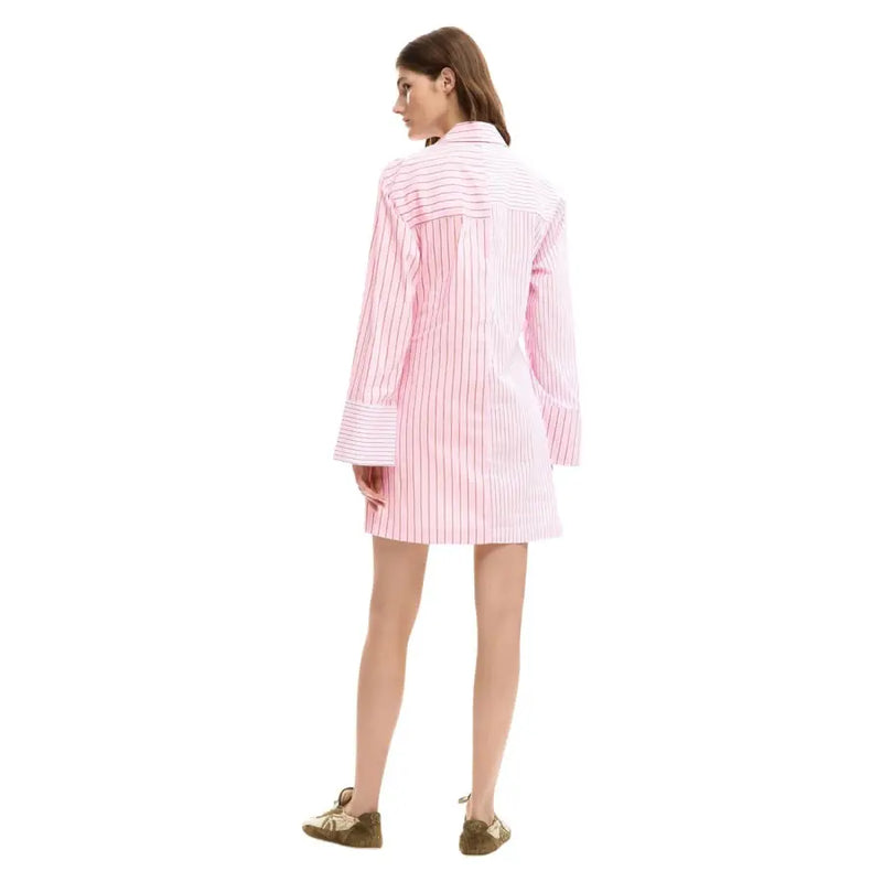 Pink and white vertically striped cotton long-sleeved shirt dress with collar by Desigual