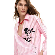 Pink and white striped cotton button-down shirt with black floral embroidery on chest by desigual