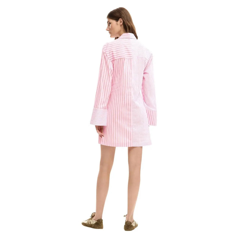 Pink and white vertically striped cotton long-sleeved shirt dress with collar by Desigual