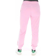Pink Adidas women trousers with black waistband and green cat-themed slippers