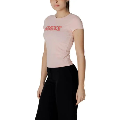 Pink T shirt with GUESS logo displayed in the product Pink T Shirt with GUESS Logo
