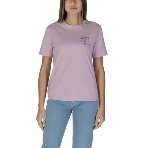 Pink Vila Clothes Women’s Cotton T-Shirt featuring a minimalist line drawing design