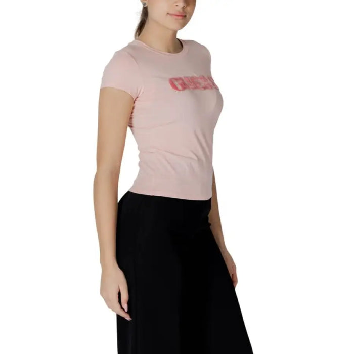 Pink T Shirt with Short Sleeves featuring GUESS Logo, stylish casual apparel