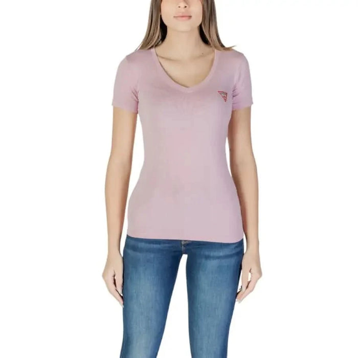 Pink V-neck cotton blend t-shirt with small logo detail by Guess