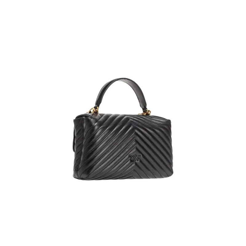 Pinko black leather handbag with magnet closure featuring quilted leather and gold-tone hardware in a chevron pattern