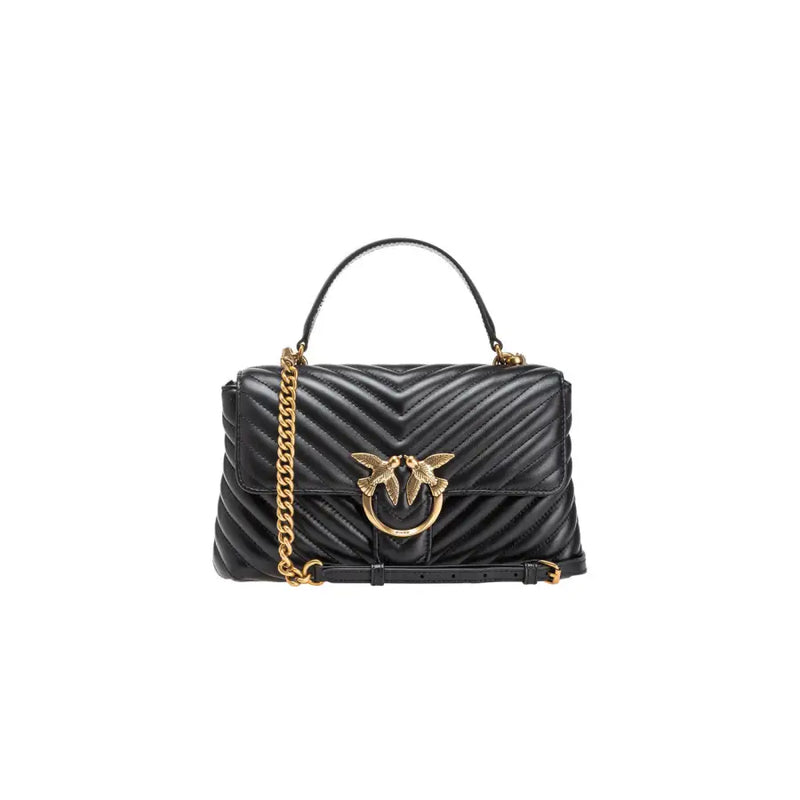 Pinko black leather bag with quilted design gold-tone chain strap and distinctive bird clasp magnet closure