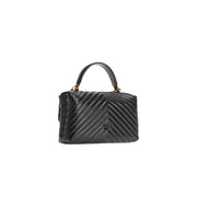 Pinko black leather handbag with magnet closure featuring quilted leather and gold-tone hardware in a chevron pattern