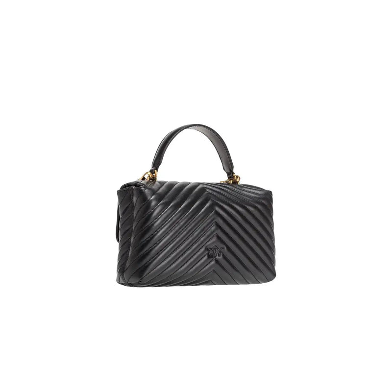 Pinko black leather handbag with magnet closure featuring quilted leather and gold-tone hardware in a chevron pattern